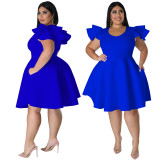 Royal Blue Solid Color Ruffle Shoulder Plus Size Midi Swing Dress with 2 Pockets