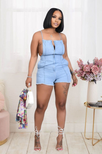 Sexy Hollow Out Backless Bandage Denim Short Rompers