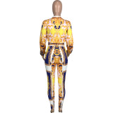 Fashion Casual Print Patchwork Zipper Collar Long Sleeve Two Pieces Pant Set