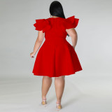Red Solid Color Ruffle Shoulder Plus Size Midi Swing Dress with 2 Pockets