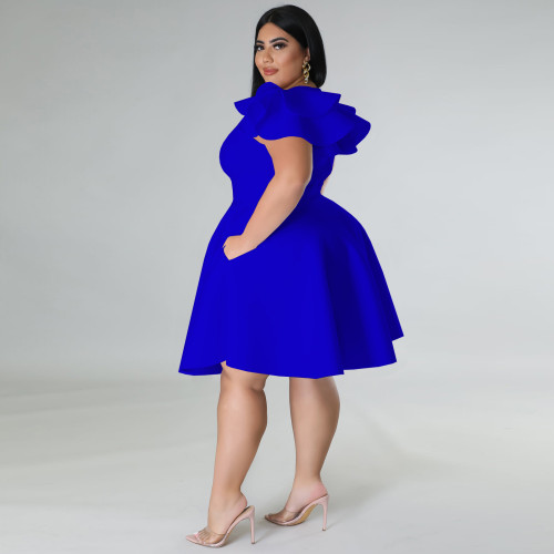 Royal Blue Solid Color Ruffle Shoulder Plus Size Midi Swing Dress with 2 Pockets