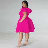 Rose Solid Color Ruffle Shoulder Plus Size Midi Swing Dress with 2 Pockets