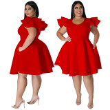 Red Solid Color Ruffle Shoulder Plus Size Midi Swing Dress with 2 Pockets