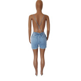 Sexy Hollow Out Backless Bandage Denim Short Rompers