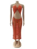 Orange Solid Color Summer Elastic Fringed Side Slit Halter Beach Long Dresses