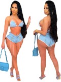 Summer Bodycon Lace Up Crop Top Tassel Fraying Sexy Denim Bra and Shorts Two Piece Set