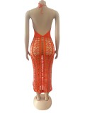 Orange Solid Color Summer Elastic Fringed Side Slit Halter Beach Long Dresses