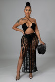 Black Solid Color Summer Elastic Fringed Side Slit Halter Beach Long Dresses