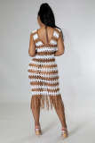 Women Summer Casual Striped V Neck Bodycon See Through Sexy Knit Rib Tassel Beach Dress
