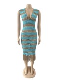 Women Summer Casual Striped V Neck Bodycon See Through Sexy Knit Rib Tassel Beach Dress