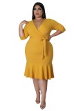 Yellow Plus Size 3/4 Sleeve Deep V Ruffle Midi Bodycon Dress