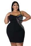 Black Plus Size Patchwork Hot Drill Straps Fat Woman Dress