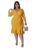 Yellow Plus Size 3/4 Sleeve Deep V Ruffle Midi Bodycon Dress