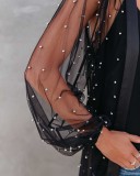 Black Sheer Kimono Beaded Bishop Sleeve Open Front Extra Long Beach Cover-ups Cloak