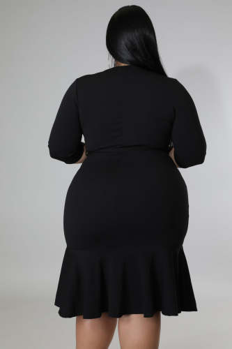 Black Plus Size 3/4 Sleeve Deep V Ruffle Midi Bodycon Dress