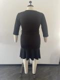Black Plus Size 3/4 Sleeve Deep V Ruffle Midi Bodycon Dress