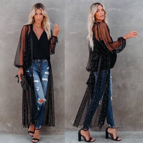 Black Sheer Kimono Beaded Bishop Sleeve Open Front Extra Long Beach Cover-ups Cloak