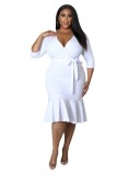 White Plus Size 3/4 Sleeve Deep V Ruffle Midi Bodycon Dress