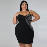 Black Plus Size Patchwork Hot Drill Straps Fat Woman Dress