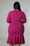 Rose Plus Size 3/4 Sleeve Deep V Ruffle Midi Bodycon Dress