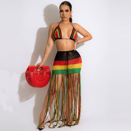 Long Fringed Beach Dress Summer Woven Color-block Skirt Set