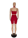 Red Sexy Solid Patchwork Halter V Neck Sleeveless Two Pieces
