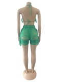 Green Summer Beachwear Thread Ripped Crochet Knitted Tassel Bra Top & Shorts Co-Ord