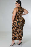 Plus Size Leopard Printed Asymmetric Cut Out Maxi Dress