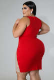 Red Plus Size Fat Woman Hot Drilling Mesh Patchwork Sleeveless Bodycon Dress