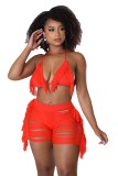 Orange Summer Beachwear Thread Ripped Crochet Knitted Tassel Bra Top & Shorts Co-Ord