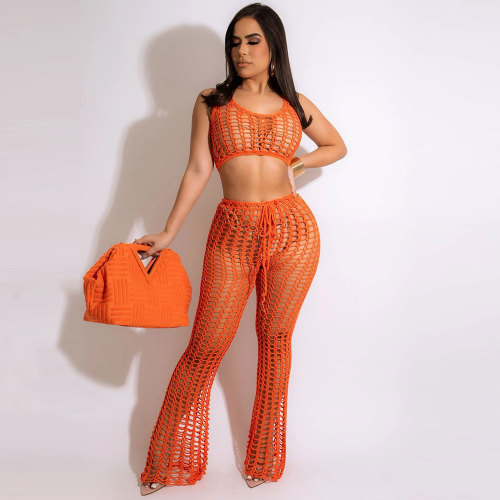 Orange Summer Knit Rib Cut Out Beach Wear Cover Sexy Fishnet See Through Tank Crop Top + Pants