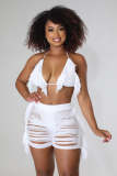 White Summer Beachwear Thread Ripped Crochet Knitted Tassel Bra Top & Shorts Co-Ord