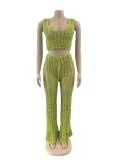 Green Summer Knit Rib Cut Out Beach Wear Cover Sexy Fishnet See Through Tank Crop Top + Pants