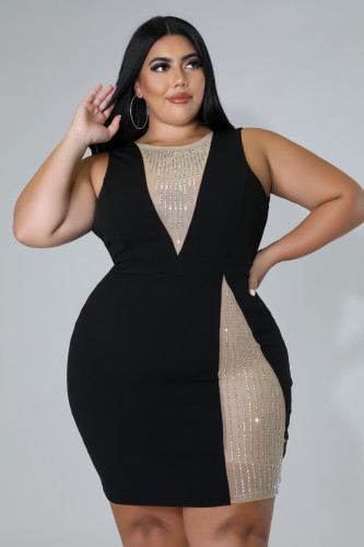 Black Plus Size Fat Woman Hot Drilling Mesh Patchwork Sleeveless Bodycon Dress