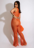 Orange Summer Knit Rib Cut Out Beach Wear Cover Sexy Fishnet See Through Tank Crop Top + Pants
