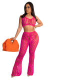 Rose Summer Knit Rib Cut Out Beach Wear Cover Sexy Fishnet See Through Tank Crop Top + Pants