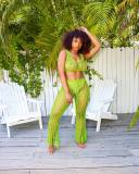 Green Summer Knit Rib Cut Out Beach Wear Cover Sexy Fishnet See Through Tank Crop Top + Pants