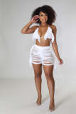 White Summer Beachwear Thread Ripped Crochet Knitted Tassel Bra Top & Shorts Co-Ord