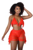 Orange Summer Beachwear Thread Ripped Crochet Knitted Tassel Bra Top & Shorts Co-Ord