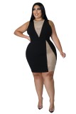 Black Plus Size Fat Woman Hot Drilling Mesh Patchwork Sleeveless Bodycon Dress