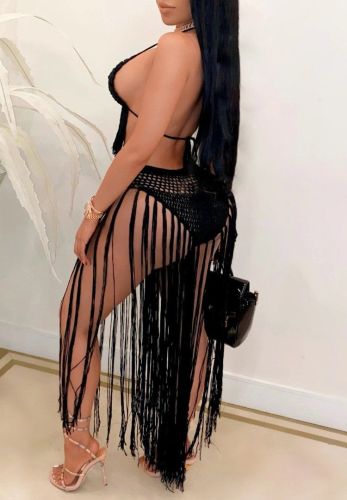 Black Solid Color Woven Beachwear Hatler Bra Top Fringed Two Piece Skirt Set