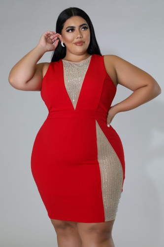 Red Plus Size Fat Woman Hot Drilling Mesh Patchwork Sleeveless Bodycon Dress