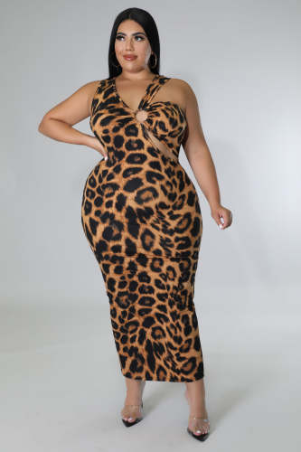 Plus Size Leopard Printed Asymmetric Cut Out Maxi Dress