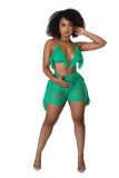 Green Summer Beachwear Thread Ripped Crochet Knitted Tassel Bra Top & Shorts Co-Ord