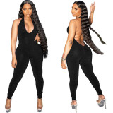 Black Fashion Women's Solid Color Mesh Halter Backless Sexy Jumpsuit