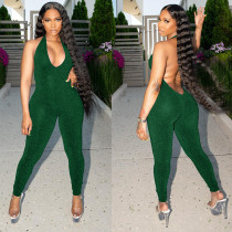 Green Fashion Women's Solid Color Mesh Halter Backless Sexy Jumpsuit