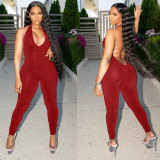 Wine Red Fashion Women's Solid Color Mesh Halter Backless Sexy Jumpsuit