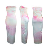 Casual Wrapped Tie-dye Print Strapless Maxi Dress