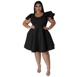 Black Solid Color Ruffle Shoulder Plus Size Midi Swing Dress with 2 Pockets