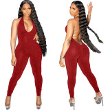 Wine Red Fashion Women's Solid Color Mesh Halter Backless Sexy Jumpsuit
